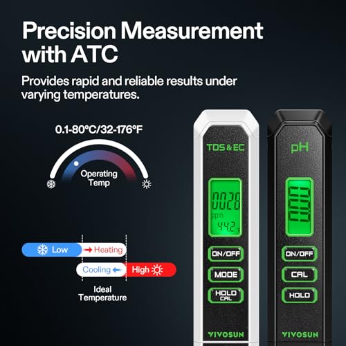 VIVOSUN Digital pH Meter TDS EC Meter for Water 0.01 Accuracy Hydroponics | ±0.01 pH Accuracy, ATC, Auto Calibration, LCD Display, Hold Function, for Hydroponics Aquarium Pool Drinking, UL Certified - color: Black+White