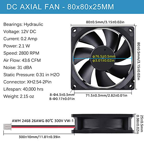 GDSTIME 80mm x 25mm 12V Fan 2Pin DC Brushless PC Computer Case Cooling Fans | Replacement for Desktop Power Supply, Car Audio Amplifier, RV Fridge, Inverter - 80x80x25mm, 8025, 12 Volt, High Performance - size: 80x80x25mm