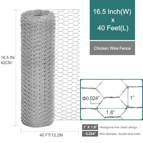 Chicken Wire Fencing, 16.5 Inch x 40 Ft Chicken Wire Mesh for Garden Plants | 24 Rifny 1 Inch Mesh, Hexagonal Galvanized Metal Poultry Wire Netting Roll, for Chicken Coop Rabbit Dogs Barrier - size: 16.5 x 480 Inches-1 Inch Mesh