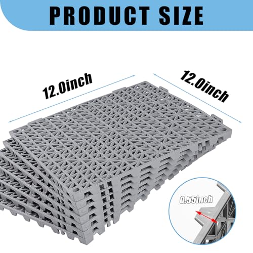 12” x 12” Drainage Interlocking Floor Mats 8 Pack for Outdoor and Indoor | Non-Slip Pool Deck Drain Mats Soft PVC Splicing Modular Cushion Rubber Flooring Tiles with Holes for Basement Garage Shed - size: Grey