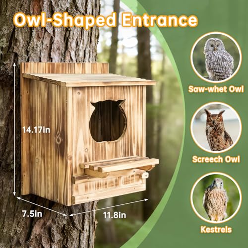 Owl Nesting Box for Outside 14.2×12×7.5 Inch Screech Owl House Bird House | Owl-Shaped Entrance, Wooden Bird Box, Easy to Install, Ideal For Backyard Birding & Wildlife