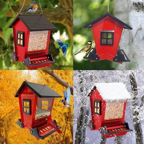 LSCQYYCCSquirrel Proof Bird Feeders for Outdoors Hanging, 5LB Capacity Metal Wild Birdfeeders Outside Hanging,Large Feeder that Attracts Cardinals, Chickadees, and More Birds-One in red ﻿ - color: red