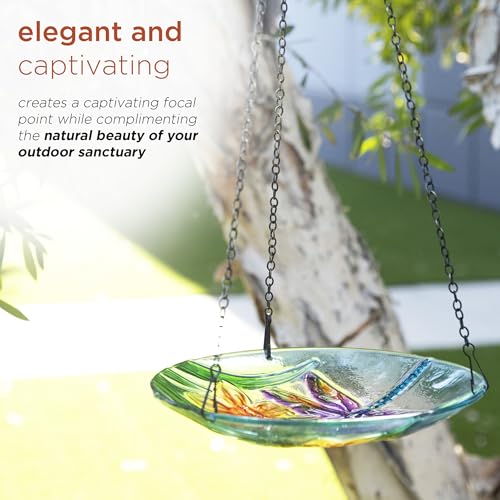 Alpine Corporation KBD158 Outdoor Hanging Glass Bird Feeder and Birdbath, Floral and Dragonfly Design with Chain, 10" W, Yellow - style: Floral and Dragonfly