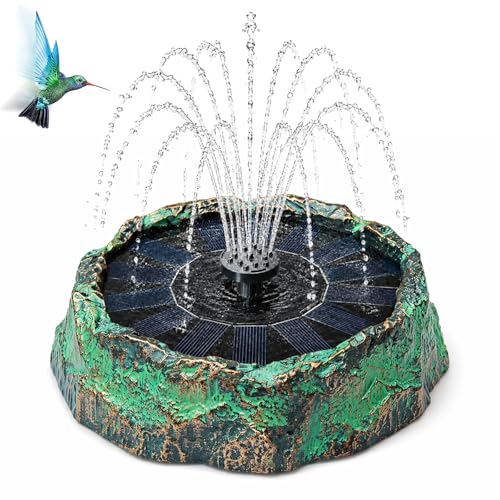 Solar Fountain for Bird Bath Vintage Copper Patina Faux Rock Water Pump with 6 Nozzles Small Solar Powered Bird Bath Water Bubbler Hummingbird Fountain Birdbath for Garden Fish Tank and Pond