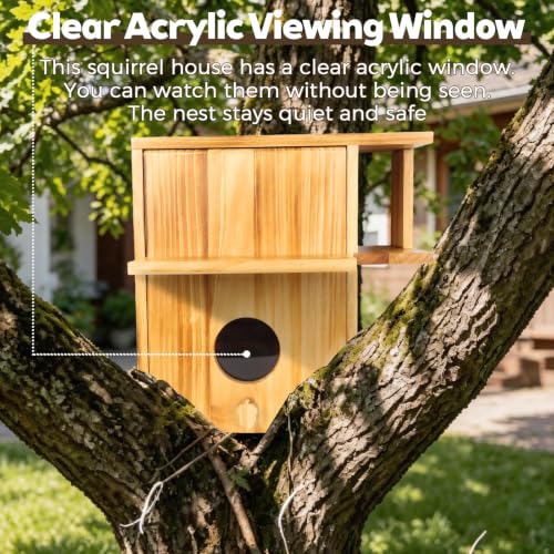 BOUGOON Large Squirrel House for Outside,Fir Wood Squirrel Nesting Box | with Multi Platform,Acrylic Observation Window,Lockable Front Pane,Drainage Holes for Tree Fence Backyard
