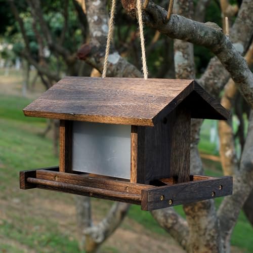 Hanging Wooden Bird Feeder Outdoor Large Capacity Wood Birdfeeder with Surface Treatment for Feeding Outside Garden Wild Birds Finches Robin Sparrow Blue Jay Chickadees - color: Dark Wood Color