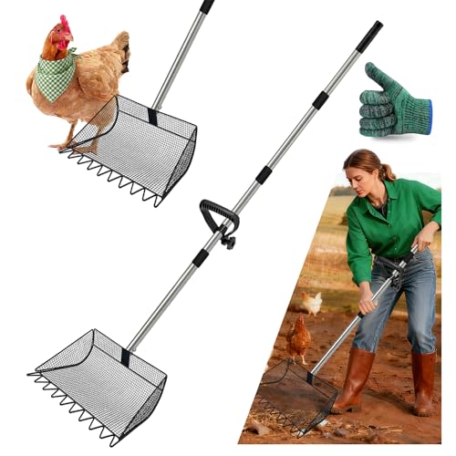 Chicken Poop Scooper, 2-in-1 Coop Scoop & Chicken Coop Rake, Sand Sifting Shovel with Adjustable Stainless Steel Handle, Up to 65 in, No-Bend Cleaning Tool - Patent-Pending (Black) - color: Black