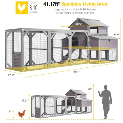 Aivituvin Extra Large Chicken Coop with Run for 6-10 Chickens | Outdoor Reinforced Wooden Hen House with 6 Nesting Boxes, Easy Clean Pull-Out Tray, Waterproof Asphalt Roof - Grey, 118"L - size: 118.0"L x 56.7"W x 49.5"H