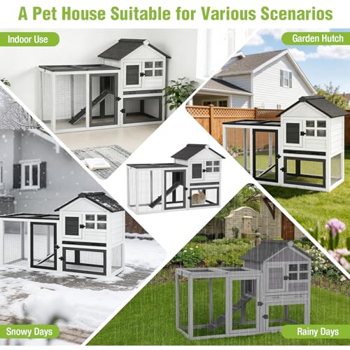 GUTINNEEN Large Rabbit Hutch Outdoor Wooden Chicken Coop Indoor Weatherproof Bunny Cage Guinea Pig House with Waterproof Roof, Leak-Proof Pull Out Tray, Lockable Door for Small Animals (Black) - color: Black & White