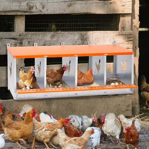 4-Bay Metal Nest Box for Chickens Wall Mount, Galvanized Steel Hen Laying Box with Hen-Shaped Vent Holes, Includes Coconut Fiber Pad, Easy to Clean & Assemble (Orange/Silver) - size: 42.5” L x 17” W x 15” H