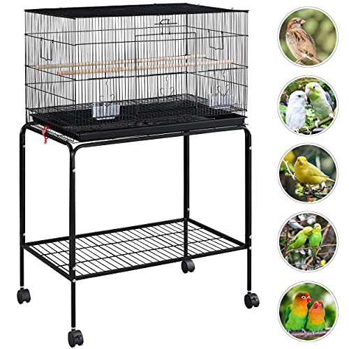 Yaheetech 47-inch Rolling Breeding Flight Bird Cages for Parakeets Budgies Finches Cockatiels Conures Lovebirds Canaries Parrots w/Detachable Stand, Black