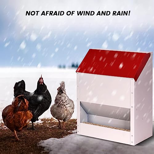 Galvanized Wall Mount Chicken Feeder No Waste Hanging Chicken Feeder with Lid Weatherproof Metal Automatic Poultry Feeder Trough Food Dispenser for Outside Coop (23 lbs)