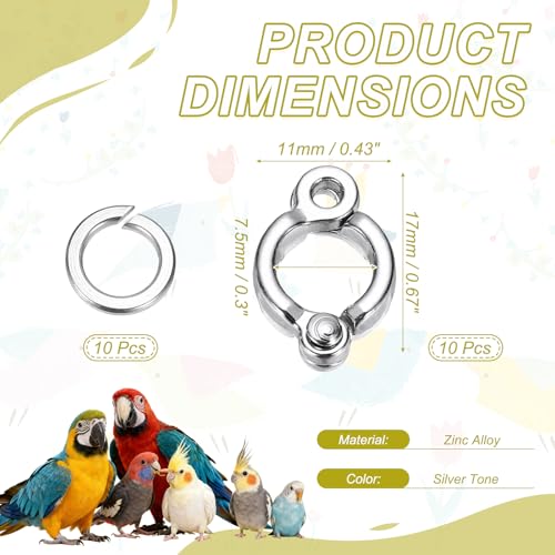 Bird Foot Rings, Parrot Metal Leg Ring Outdoor Fly Training Activity Opening Clip Accessories 7.5mm/0.3" ID, (Silver Tone, 10 Set), Intended for Small Medium Large Birds - size: 7.5mm/0.3" ID