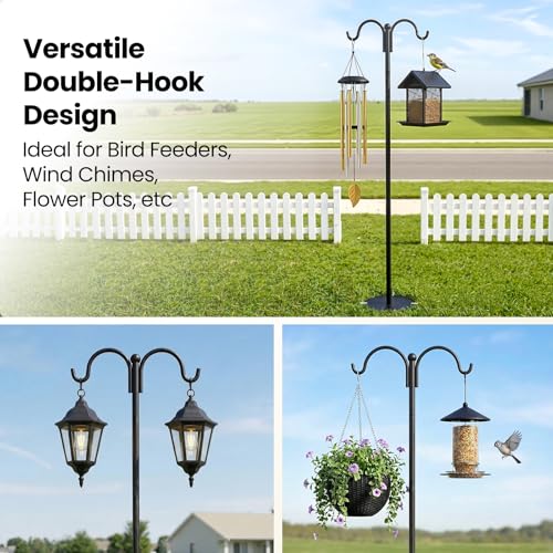 74 Inch Double Shepherd Hooks Stand with Base for Outdoor Bird Feeder Pole | Heavy Duty Double Hook Pole Includes 4 Ground Stakes & Water Bag, Ideal for Hanging Baskets, Wind Chimes, Bird Feeders
