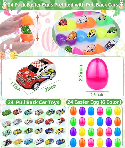 24 Pack Prefilled Easter Eggs with Pull Back Cars, Easter Basket Stuffers Toys Colorful Racing Vehicle for Kids Boys Toddlers Basket Stuffers Filler Surprise Egg Hunt Party Favor Classroom Prize - style: 24 Pack Easter Eggs with Pull Back Cars
