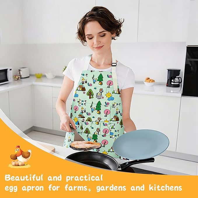 2 Pcs Egg Collecting Apron Chicken Gathering Basket with 7 Pouches Fresh Egg Holding Apron with 11 Pockets - color: White Cartoon