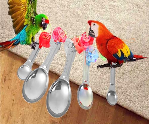 Bird Chew Toys, Parrot Toys, Spoon&Ring Toy for Small/Medium Birds | Steel Chain Spoons, Acrylic Rings, Bird-Safe Toy, Hangs Securely, Mental Stimulation; For Macaws, Cockatoos, Greys & More