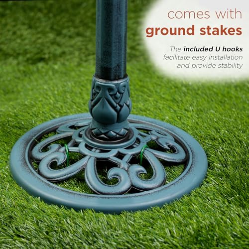 Alpine Corporation TEC116BL Pedestal Birdbath with Scrollwork Base and Ground Stakes, Décor for Lawn & Garden, 28" H, Blue - color: Blue Birdbath