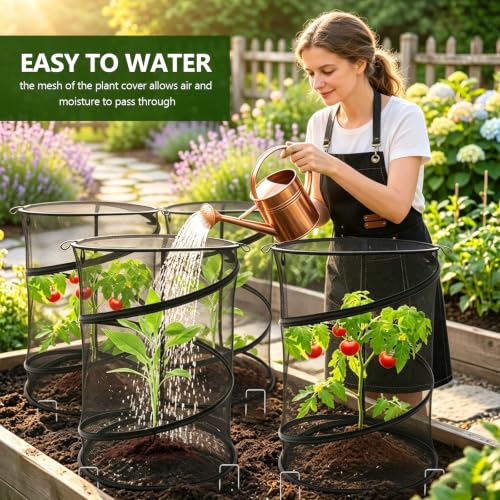 MDEOOSKY 4 Pack Pop Up Plant Covers Tent, 23.6"x11.8" Round Insect & Bird Barrier Mesh, Garden Protector Cage with 16 Ground Stakes, Foldable for Outdoor & Indoor Plants, Black