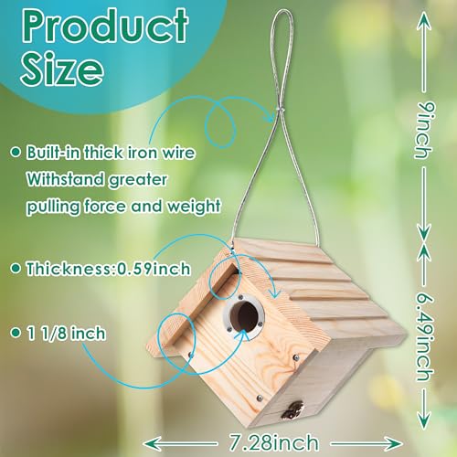 Dreyoo 1 Pack Wren House, 1-1/8'' Entrance Hole Hanging Wooden Wren Bird Houses for Outside with Metal Guard, Air Vents, Pine Wood for Chickadees (Wood) - color: Wood