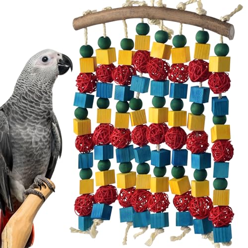 DBNESS Large Parrot Toys, 17.7 inch Multicolored Natural Wooden Blocks Beads Rattan Balls, Bird Chew and Hanging Tearing Toys for Large Medium Birds Macaws African Grey Cockatoos Amazon Parrots - style: Large Birds 8 strings