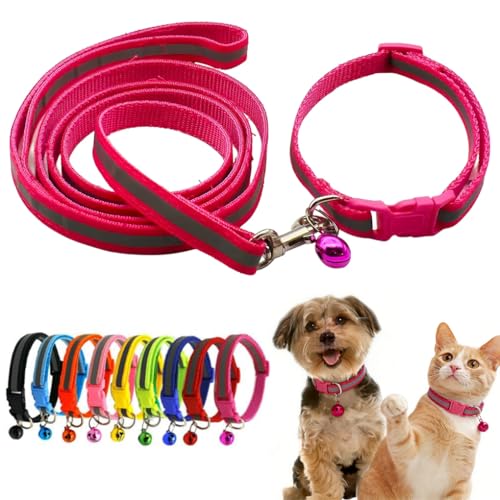 Puppy Collar and Leash Set with Bell, Basic Nylon Reflective Cat Collars for XXS Xs Small Pet Dogs Animal Litter Tiny Kitten Girls, Hot Pink - color: Hot Pink