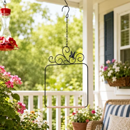 Grevosea Hummingbird Swings and Perches, Metal Frame Hummingbird Perch with Wooden Dowel and Hanging Chain Black Bird Swing for Outdoor Garden Lawn Patio Yard Bird Accessories
