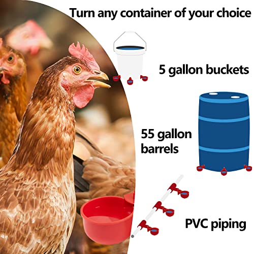 Chicken Automatic Waterer Kit for Poultry Float Style Gravity Water Feeder Drinking Cup Bowl 5 Gallon with Mounting Hole Opener, 12 Pack
