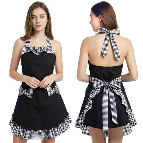 Cotton Kitchen Aprons for women with 2 Pockets Adjustable Neck Strap Chef Apron for Cooking Mothers Day Gifts (Black) - color: Black