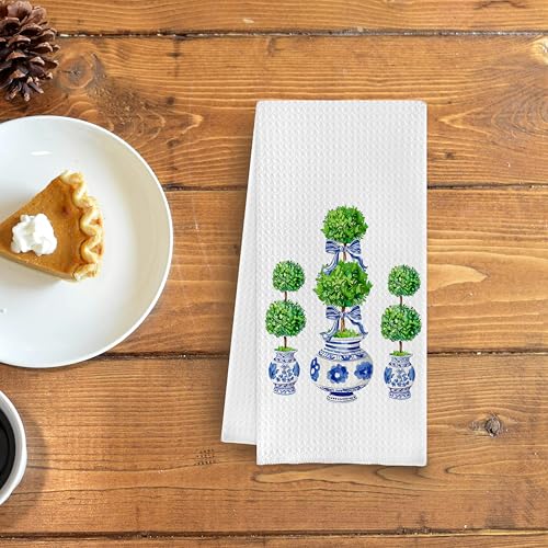 Blue and White Porcelain Chinoiserie Towels, Green Topiary Tree Dish Towels for Kitchen, Hand Towels for Bathroom, 16x24 Inches - color: Blue White03
