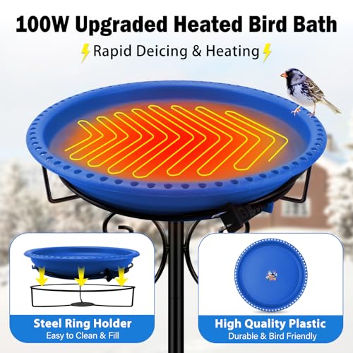 Daoeny Heated Bird Bath for Winter, Upgraded 100W Heated Bird Baths for Outdoors Thermostat Control with 5-Prong Metal Base, Heated Bird Bath for Outside Winter Garden Patio Yard Lawn (Blue) - color: Blue