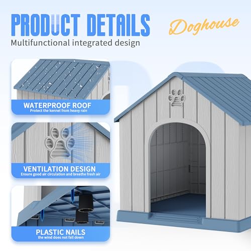 DRATO Large Dog House Indoor Outdoor, Blue, 38.62×36.26×38.07 in | Waterproof, Puppy Shelter with Air Vents and Elevated Floor, Sturdy Dog Kennel for Small to Large Sized Dogs - color: Blue, size: Large Dog:38 Inch