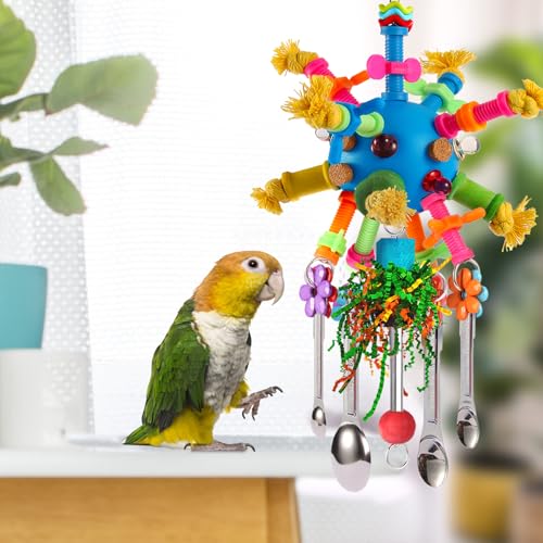 Parrot Toys Bird Toys Perch Pullable Stainless Steel Spoons Colorful Acrylic Stick Chew Toys for Amazons Mini Macaws African Greys Cockatoos Conures, Cockatiels, Lovebirds, Parrotlets and Other (blue) - color: blue