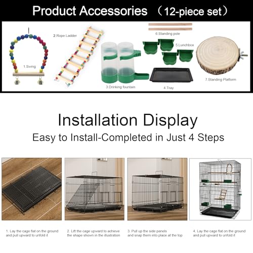 30-inch Folding Parrot Medium Bird Cage, Hanging Bird Cage for Parakeets Finches Canaries Lovebirds Cockatiels Budgies Small Quaker Conures Travel Pet Flight Birdcage with Swing and Perch
