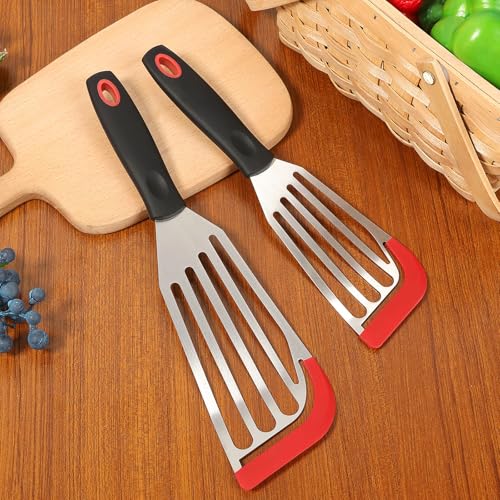 2 Pcs Silicone Fish Spatula Heat Resistant Silicone Edge for Nonstick Cookware Fish Turner for Use Flexible and Thin Stainless Steel Cooking utensil Ideal Slotted Spatula for Egg Pancake