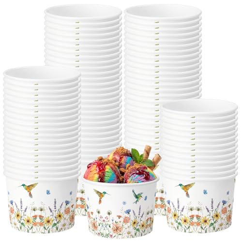 Funnymoom 50 Pack Wildflower Treat Snack Cups Spring Bird Flower Paper Ice Cream Cups 9 oz Hummingbird Floral Party Disposable Dessert Bowls for Hot or Cold Food Birthday Party Baby Shower Supplies - color: Fresh Green, style: Hummingbird