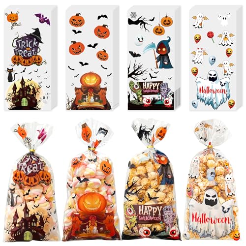 Soarvita Halloween Treat Bags – 100pcs Clear Goodie Bags with 110pcs Twist Ties for Candy Cookies and Gifts Packaing, Halloween Trick or Treat Party Favors Wrapping - color: Halloween-100pcs