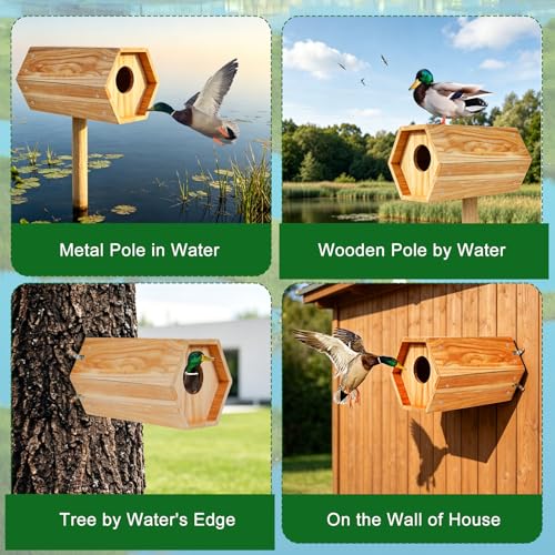 Mallard Nesting Box, Wood Duck House for Outdoor Hexagonal Large Duck House with Dual Entrances for Ponds, Wetlands, Backyards 19.7 X 10.2 X 10.2 Inches - color: Hexagonal Duck House, size: 19.7"H X 10.2"W X 10.2"D