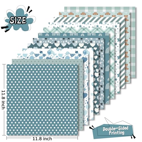 24 Sheets 160GSM Baby Boy Scrapbook Paper, 11.8 x 11.8 Inch Double-Sided Rainbow Bears Plaid Polka Dot Patterns for Junk Journals, DIY Card Making, Photo Albums, Gift Wrapping - color: Blue Baby Boy