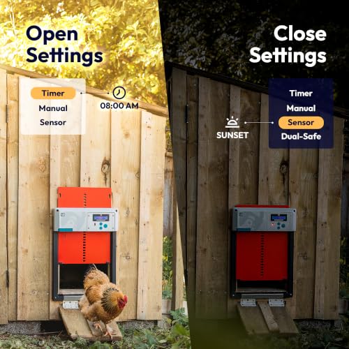ChickenGuard AIO Complete Automatic Chicken Coop Door Plus AA Batteries | Battery-powered automatic chicken door opener with timer/light sensor, anti-pinch, weather-resistant anti-lift aluminum door