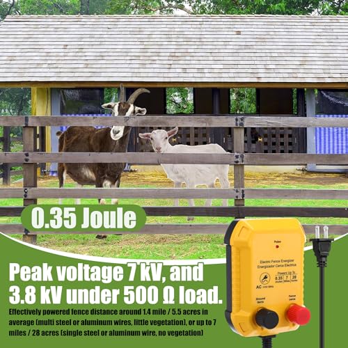 Electric Fence Charger Set 7 Mile 110VAC 0.35 Joule Electric Plug in Fence to Contain Chickens Pet Poultry 50 Black Insulator and 1 Socket Tool 250ft Aluminum Wire for Garden Pond Protection - style: 0.35 Joule