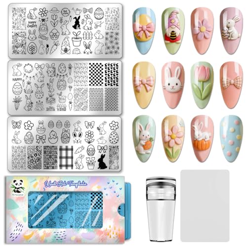 PH PandaHall 3pcs Rabbit Nail Stamping Plates, Eggs Carrot Nail Art Templates Stainless Steel Image Plate Stencils with Tool for DIY Print Manicures Salon Design Supplies - style: Easter