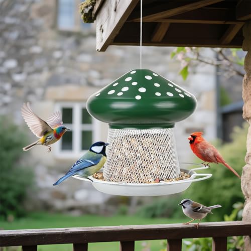 Bird Feeder, Heavy Duty Metal Bird Feeders for Outdoor Hanging | Wild Birdfeeder, 3LB Capacity, 4 Perches, Sturdy, Cute Mushroom Shape, For Outside Garden Yard - color: Green