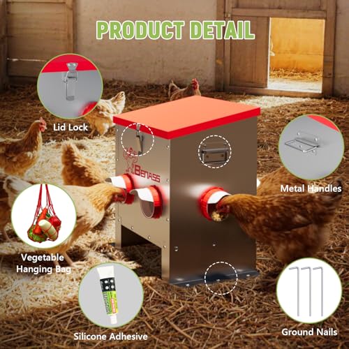 40LB Automatic Chicken Feeder, No-Waste Metal Poultry Feeder with 6 Ports, Predator-Proof Latch & Weatherproof Design, Includes Anti-Tip Ground Stakes & Vegetable Hanging Feeder - size: 40LB-6 Ports