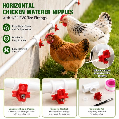 15-Pack Horizontal Chicken Nipples Waterer with 1/2" PVC Tee Fittings, Automatic Poultry Waterer Kit for DIY Chicken Duck Quail Watering System, Side Mount Drinker