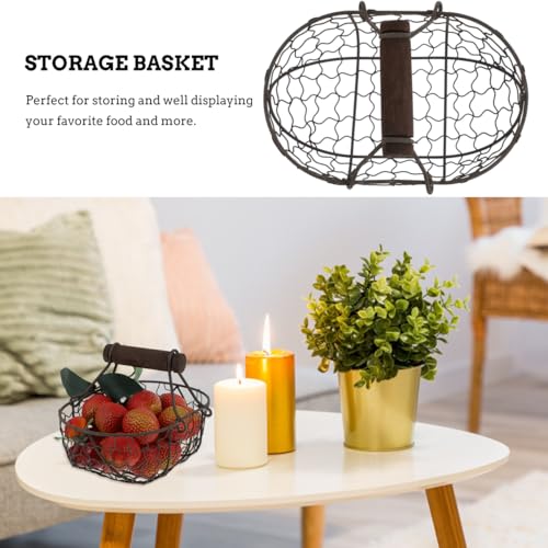 Metal Wire Egg Basket for Gathering Fresh Eggs, 7 inch Rustic Egg Collecting Basket with Wooden Handles, Farmhouse Easter Kitchen Decor, Black Wire (Capacity: 10-12 Eggs)