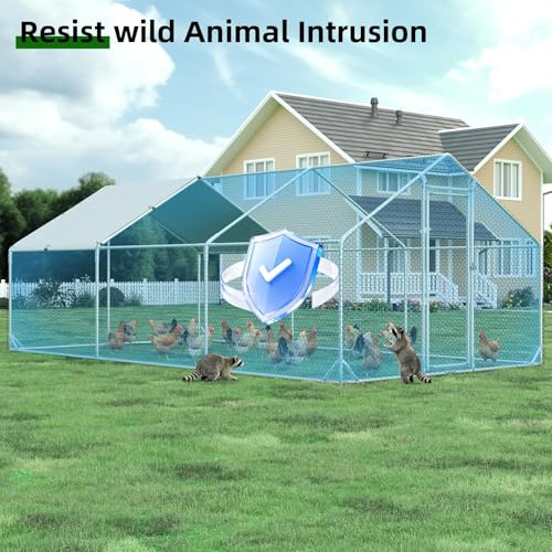 4ever2buy Metal Chicken Coop, 10x20 FT Walk-in Chicken Run Pen Poultry Cage, Water-Resistant & Anti-UV Cover, Large Chicken Coop for 18-22 Chickens - size: 236.4"L x 117.6"W x 76.8"H