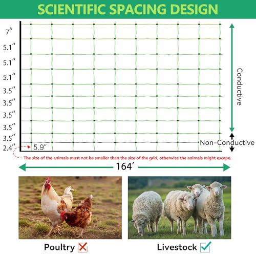 Electric Fence Netting, 42.5" H x 164' L, Portable Livestock Nets Mesh for Hog, Dogs, Deer, Goats, Larger Animals Electric Fencing for Backyards, Homesteaders, Farms, Ranches, Gardens - size: 42.5" H x 164' L Livestock