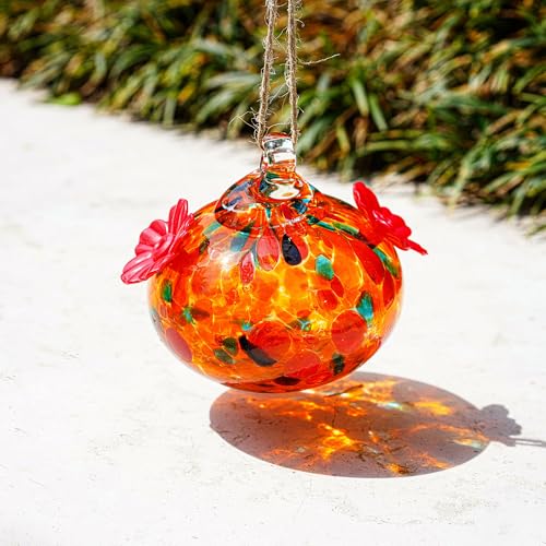 Mini Colorful Glass Hummingbird Feeders for Outside, Hand Blown Exquisitely Designed for Window Hanging with Two Feeding Ports, Great Gifts for Female Hummingbird Lovers - color: orange