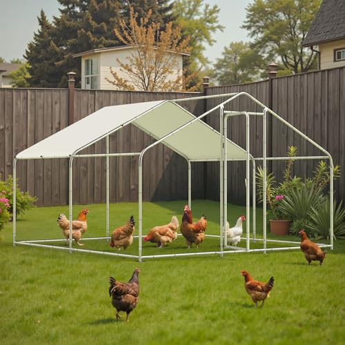 Large Metal Chicken Coop, 10'x10'x6.6' Walk-in Poultry Cage Outdoor Chicken Run Pen w/Waterproof & Anti-UV Cover, Hen House w/Security Lockable Door for Farm Backyard Duck Rabbit Cage Spire Roof - size: 120.0"L x 120.0"W x 79.0"H